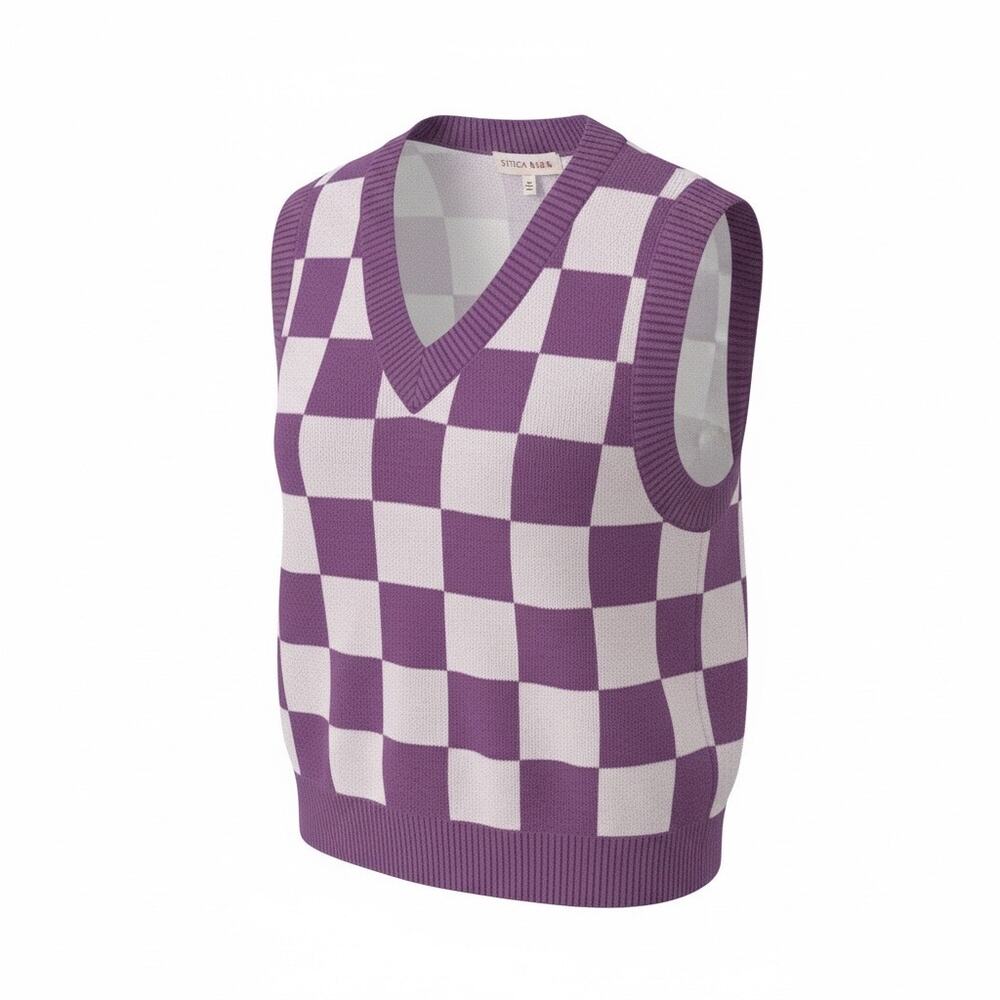 Hazel Moon Women’s S Purple White Checkered Preppy Schoolgirl Sweater Knit Vest